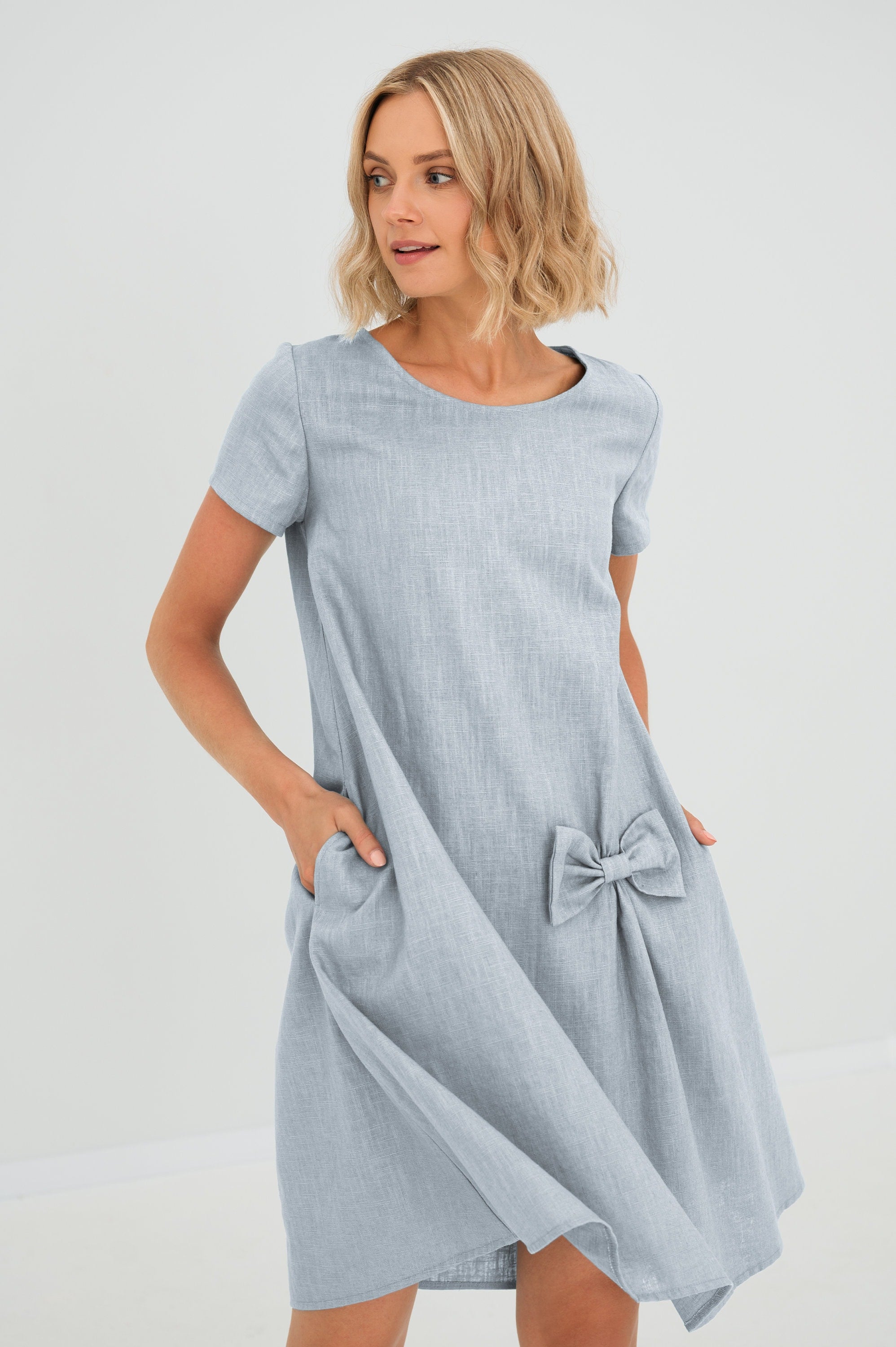 Grey Linen Bow Mini Dress