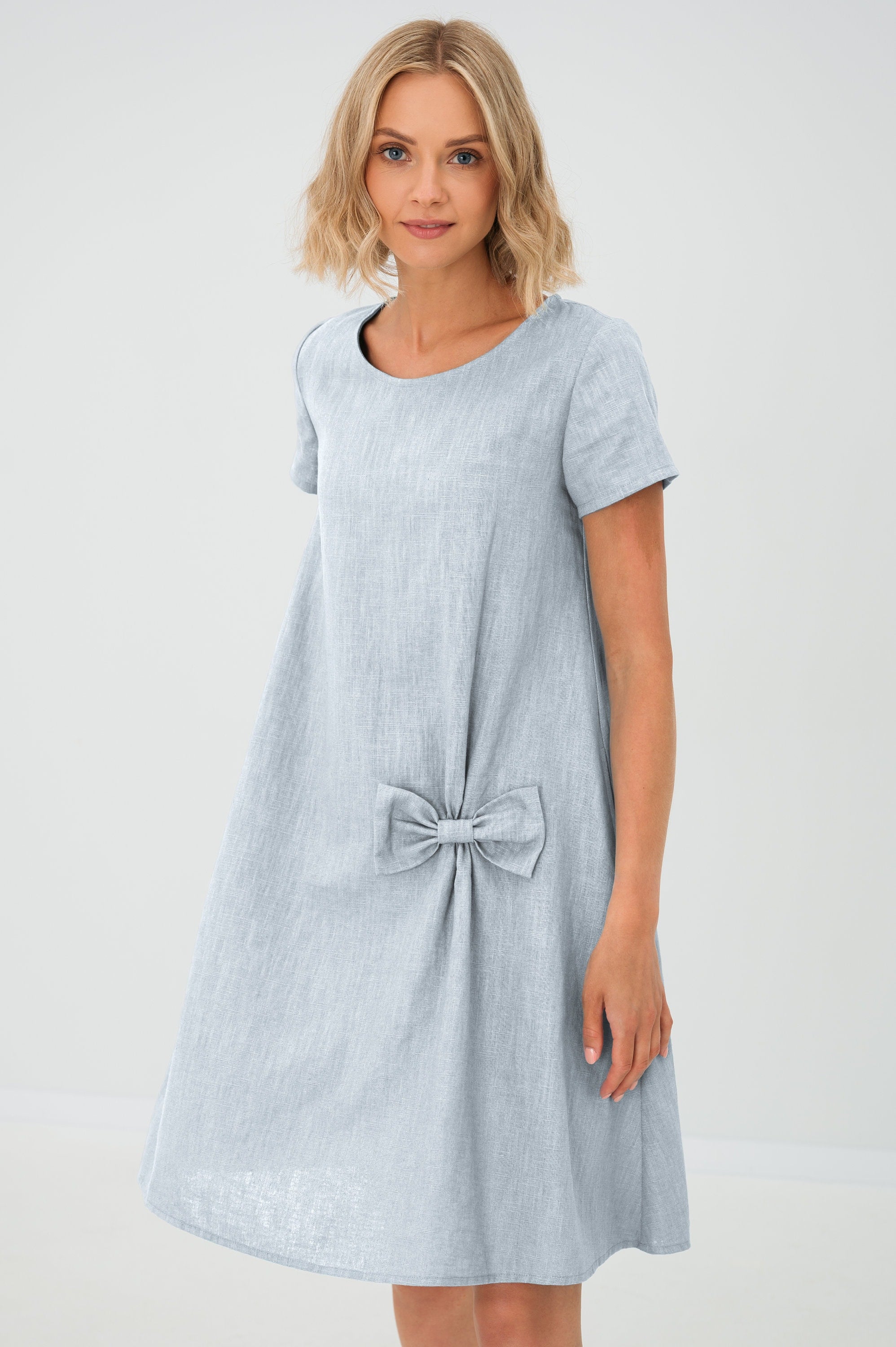 Grey Linen Bow Mini Dress
