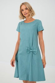 Blue Green Linen Bow Mini Dress