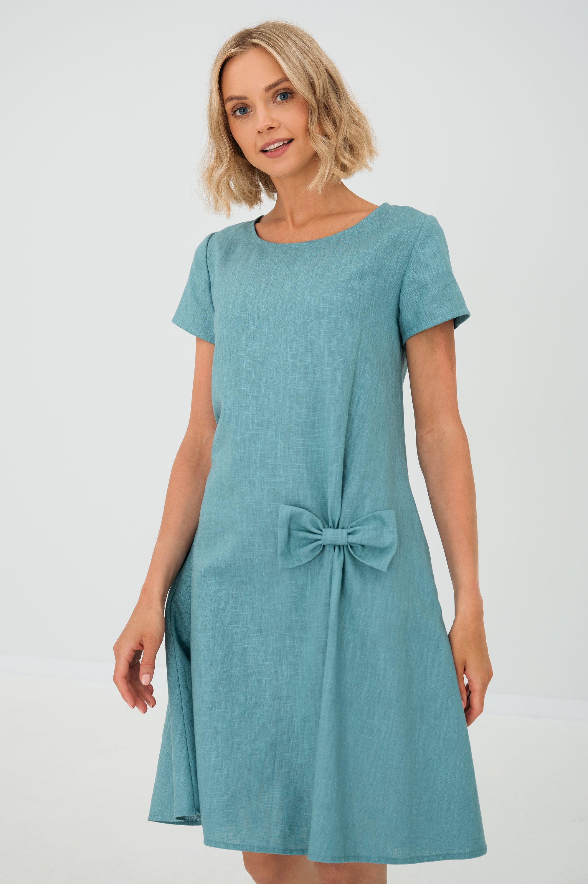 Blue Green Linen Bow Mini Dress