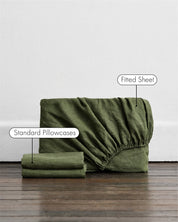 Olive Stripe 100% French Flax Linen Fitted Sheet Set
