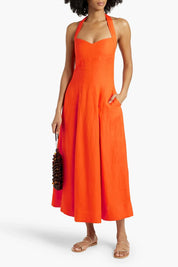 Lulu pleated linen-blend halterneck midi dress