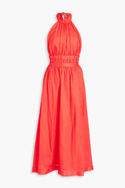 Shelly pleated linen-canvas halterneck midi dress