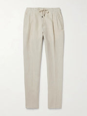Tapered Pleated Linen Drawstring Trousers