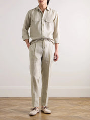 Tapered Pleated Linen Drawstring Trousers