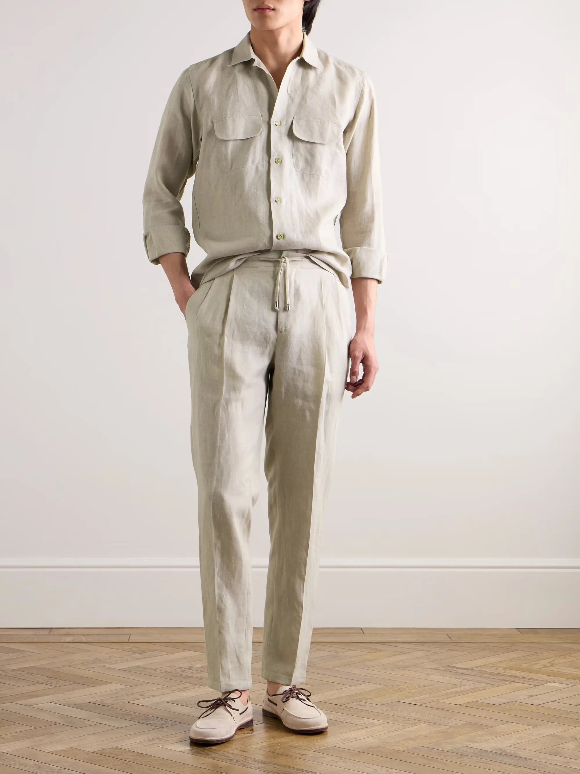 Tapered Pleated Linen Drawstring Trousers